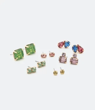 Kit 06 Pares De Brincos Pequenos Com Strass Em Diferentes Formatos Multicores