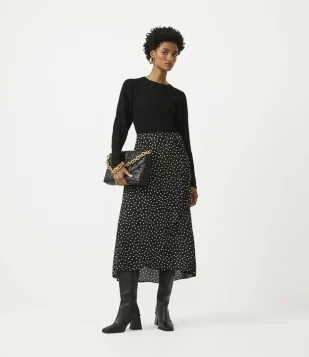 Saia New Midi Com Transpasse Frontal E Estampa Poá Preto