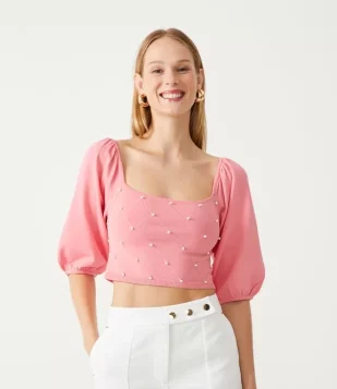 Blusa Em Tricô Com Pérolas Bordadas E Manga Bufante Rosa