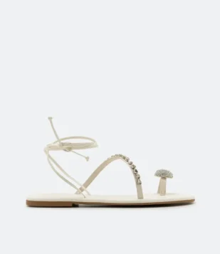 Sandália Rasteira De Dedo Com Amarração E Detalhes De Cristal Off White