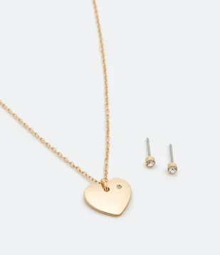 Conjunto Brinco E Colar Pingente De Coração Com Strass Dourado