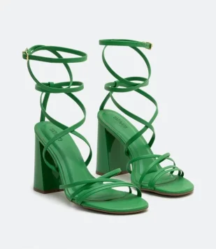 Sandália Multi Tiras Com Amarração E Salto Grosso Verde