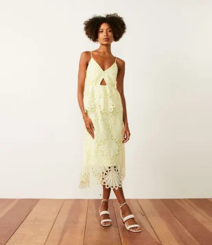 Vestido Midi Em Renda Com Recorte Vazado Amarelo