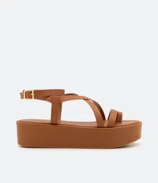 Sandália Tira Larga Com Salto Flatform Marrom