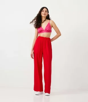 Calça Wide Leg Em Viscolinho Com Cós Elástico E Bolsos Vermelho