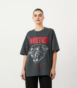 Blusa Alongada Em Algodão Com Estampa Tigre E Ambition Cinza