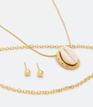Conjunto Brinco E Colar Camadas Em Metal Com Pingente De Búzio Dourado