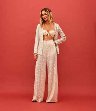 Calça Pantalona Em Malha Paetê E Bolsos Dourado