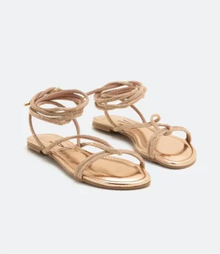 Sandália Rasteira Com Amarração Com Brilhos Vizzano Rose