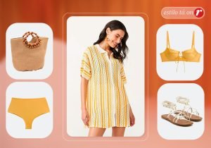Imagem com fundo laranja com uma mulher vestindo uma saia de praia amarela estampada, ao lado tem um top biquini amarelo, uma bolsa de palha bege, uma calcinha biquini hot oants amarela e uma sandalia rasteira