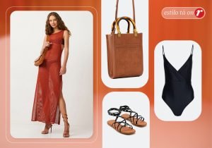 Imagem com fundo laranja escuro, com uma mulher usando uma saída praia de croche na cor vinho, ao lado tem uma bolsa marrom, uma sandalia rasteira de tiras preta eu maiô preto.