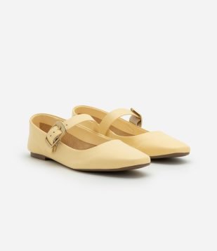 Sapatilha Couro com Fivela Quadrada Amarelo