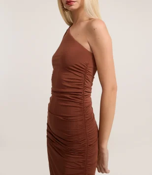 Vestido New Midi Ombro Só com Aviamento Marrom