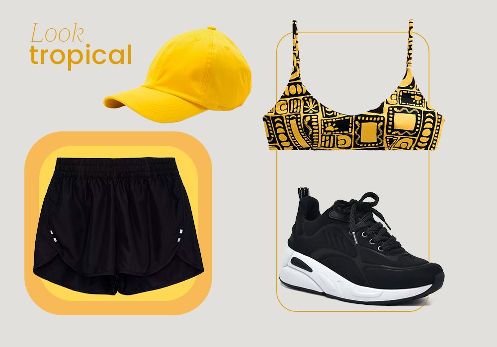 Imagem com um chapéu amarelo, um top de academia estampado amarelo e preto, um shorts= preto e um tenis preto com sola branca.