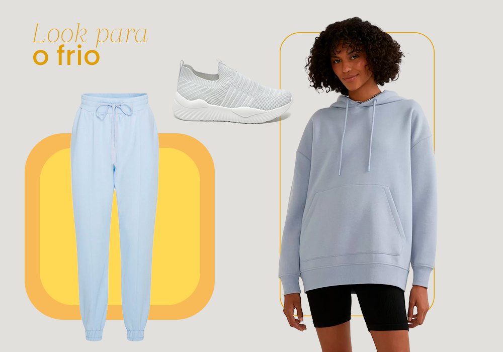 Uma calça azul clara, um tenis cinza e uma uma mulher vestindo uma blusa de moletom com manga comprida azul clara e um short legging preta.