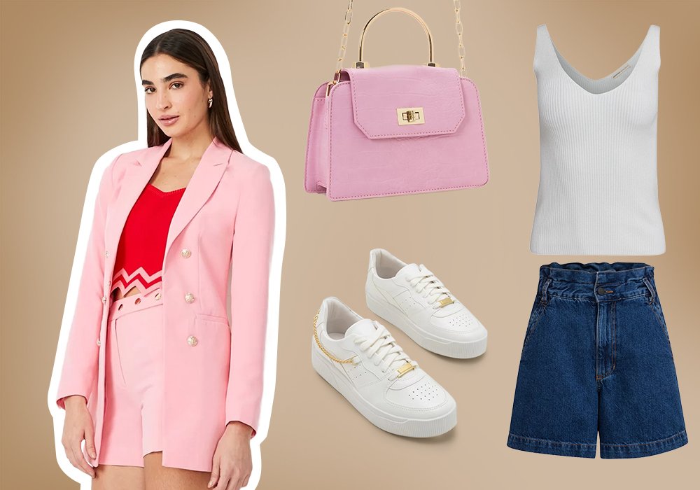 Imagem com uma mulher vestido um blazer rosa, uma blusa vermelha e um short de citura alta rosa, ao lado tem uma bolsa rosa, um sapato branco, um shorts jeans curto e uma regata branca.