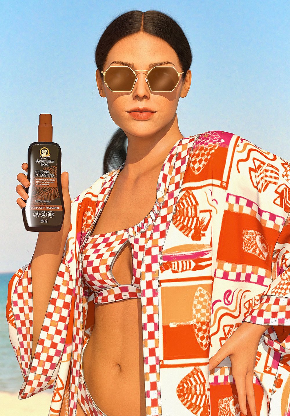 imagem com fundo azul claro, com uma mulher usando um conjunto de biquíni estampado e uma saída de praia, e ela esta segurando um brozeador.