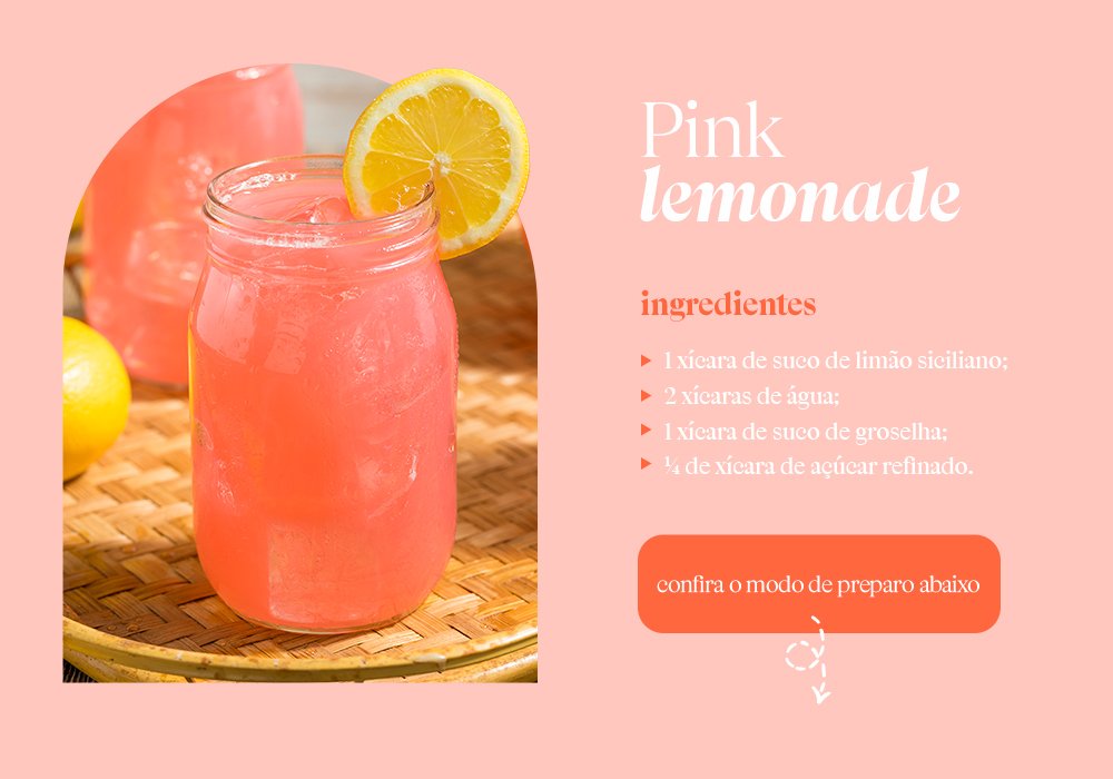 Imagem com fundo rosa com um drink pink lemonade com uma rodela de limão no copo.