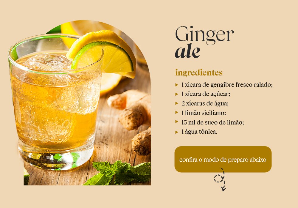 Imagem com fundo bege com um drink com uma rodela de limão no copo e com a receita ao lado.