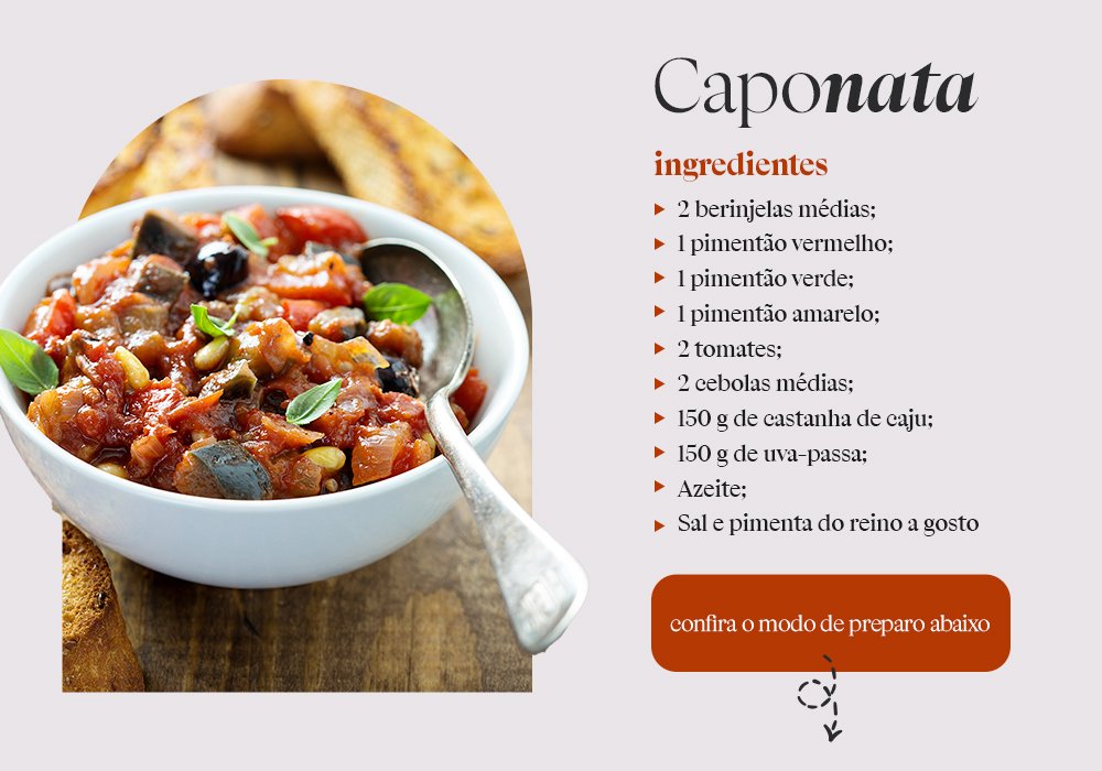 Imagem com fundo claro com uma caponata. Ao tem a receita.