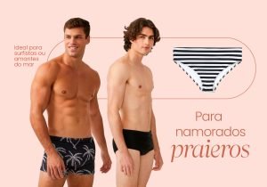 Imagem com fundo rosa salmão com dois homens usando usando, uma é estampa e a outra é preta lisa, ao ao lado tem uma sunga listrada preto e branco.