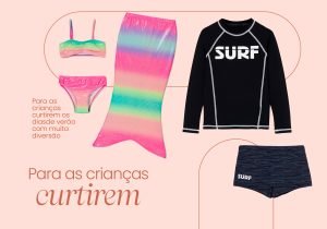 Imagem com fundo rosa salmão com um biquini infantil, uma calda de sereiaa , uma blusa de psicina infantil e uma sunga infantil.