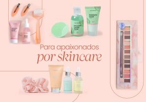Imagem com fundo rosa salmao, com maquiagem e produtos de skincare
