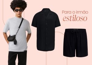 Imagem com uma camiseta cinza, camiseta preta e uma bermuda preta