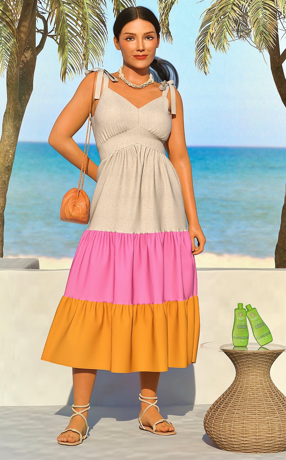 Imagem com fundo azul claro com palmeiras, com um mulher usando um vestido longo.