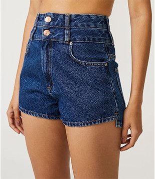Short Mom Cintura Alta Em Jeans Com Cós Duplo Azul