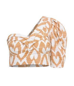 Blusa em Linho Ombro Só com Estampa Coração Bege