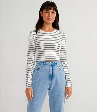 BLUSA CROPPED EM ALGODÃO COM ESTAMPA LISTRADA BRANCO
