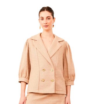 BLAZER EM TWEED COM MANGA 7/8 BUFANTE E BOTÕES FRONTAIS BEGE