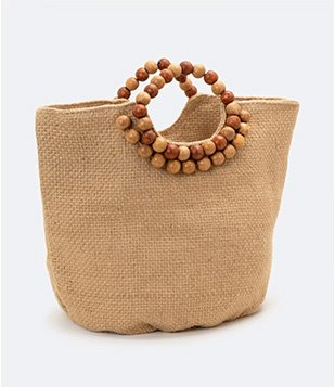 Bolsa De Praia Em Juta Com Bolinhas De Madeira Na Alça Bege