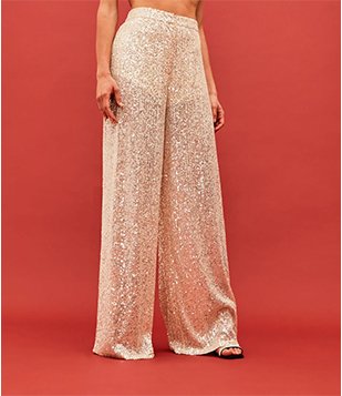 CALÇA PANTALONA EM MALHA PAETÊ E BOLSOS DOURADO