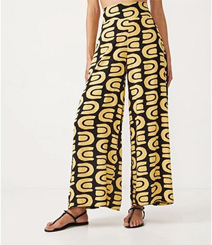Saída De Praia Calça Pantalona Em Viscose Com Estampa Carimbo Amarelo