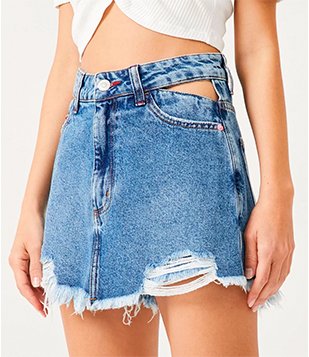 Short Saia em Jeans com Bolsos e Barra Desfeita Azul