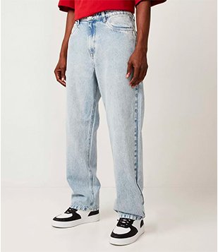 CALÇA JEANS WIDE LEG COM CÓS FIXO AZUL