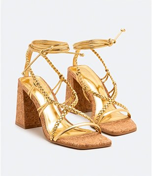 Sandália Multi Tiras Metalizada Com Salto Grosso De Cortiça Dourado