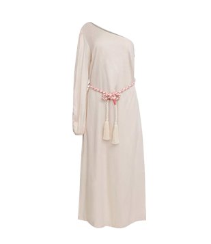 Vestido Longo em Linho com Ombro Só e Bordado na Manga Off White