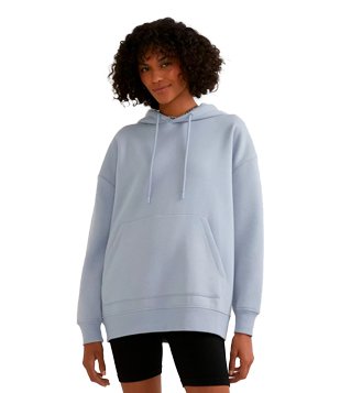 Blusão Alongado em Moletom com Capuz e Bolso Canguru Azul