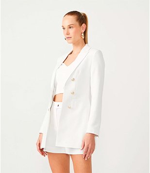 Blazer Alongado em Crepe com Botões e Bolsos Branco