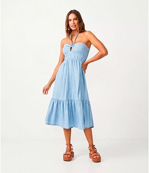 Vestido Midi em Jeans com Amarração no Pescoço e Lastex Azul