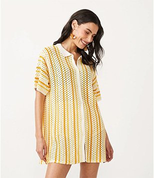 Saída De Praia Camisa Em Crochê Com Listras Amarelo/ Laranja/ Bege