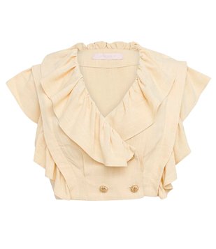 Blusa em Linho com Babados e Botões Frontais Laranja