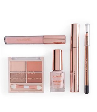 KIT MAQUIAGEM COMPLETO COM GLOSS, SOMBRA, MÁSCARA DE CÍLIOS, LÁPIS DE OLHOS E ESMALTE ALCHEMIA ROSA