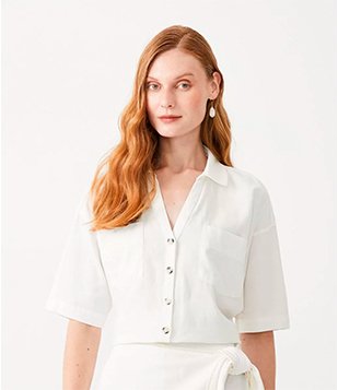 Camisa em Viscolinho com Bolsos e Botões Contrastantes Branco