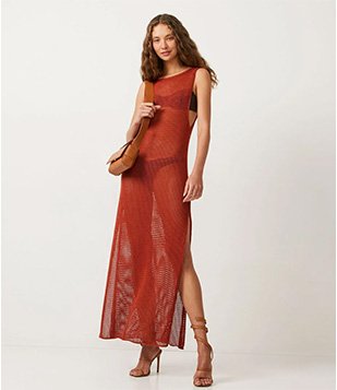 Saída De Praia Vestido Em Crochê Com Gola Canoa Laranja