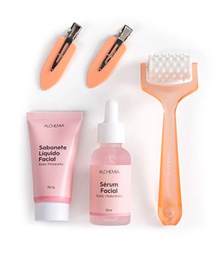 KIT SKINCARE COM SABONETE LÍQUIDO SÉRUM + PAR DE CLIPES DE CABELO + MASSAGEADOR FACIAL ALCHEMIA KIT