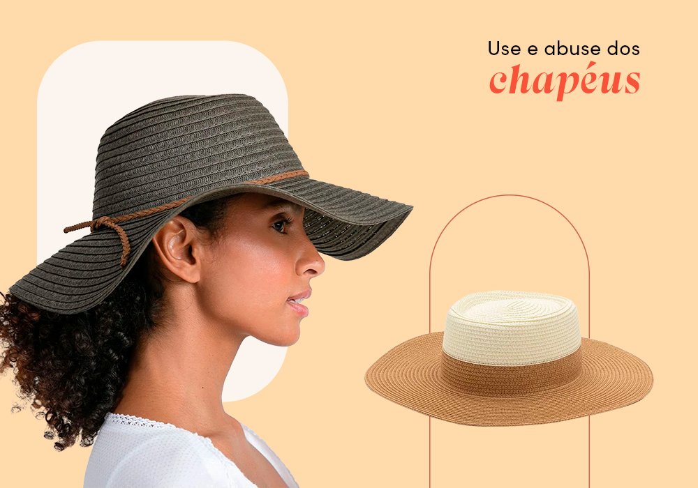 Imagem com fundo amarelo com uma mulher usando um chapéu de palha verde. Ao lado tem um chapéu de palvra amarelo e branco.